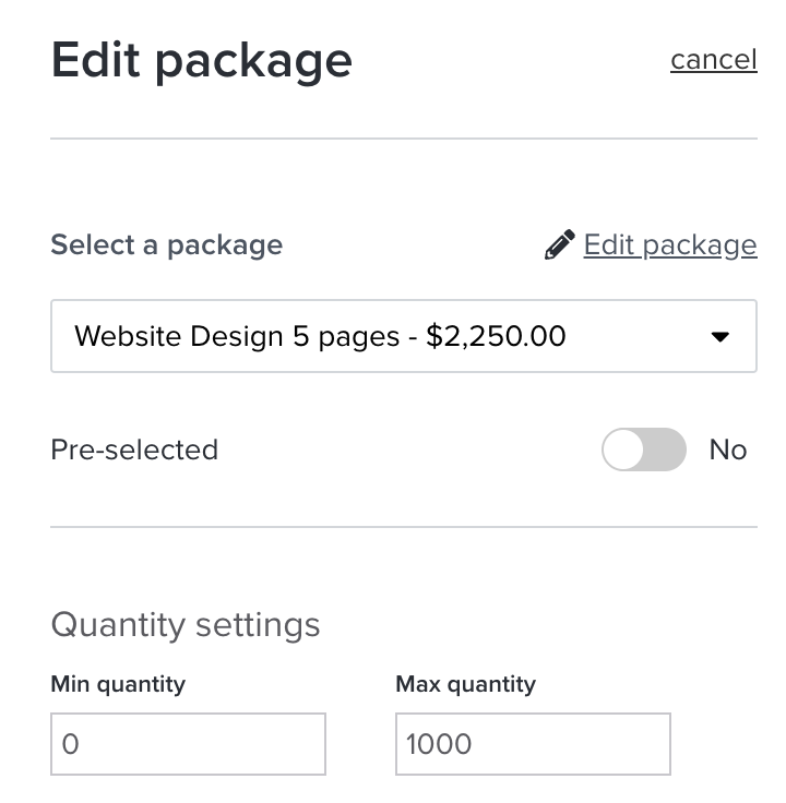 Screenshot editing a package in a proposal in Dubsado by The Streamlined Creative