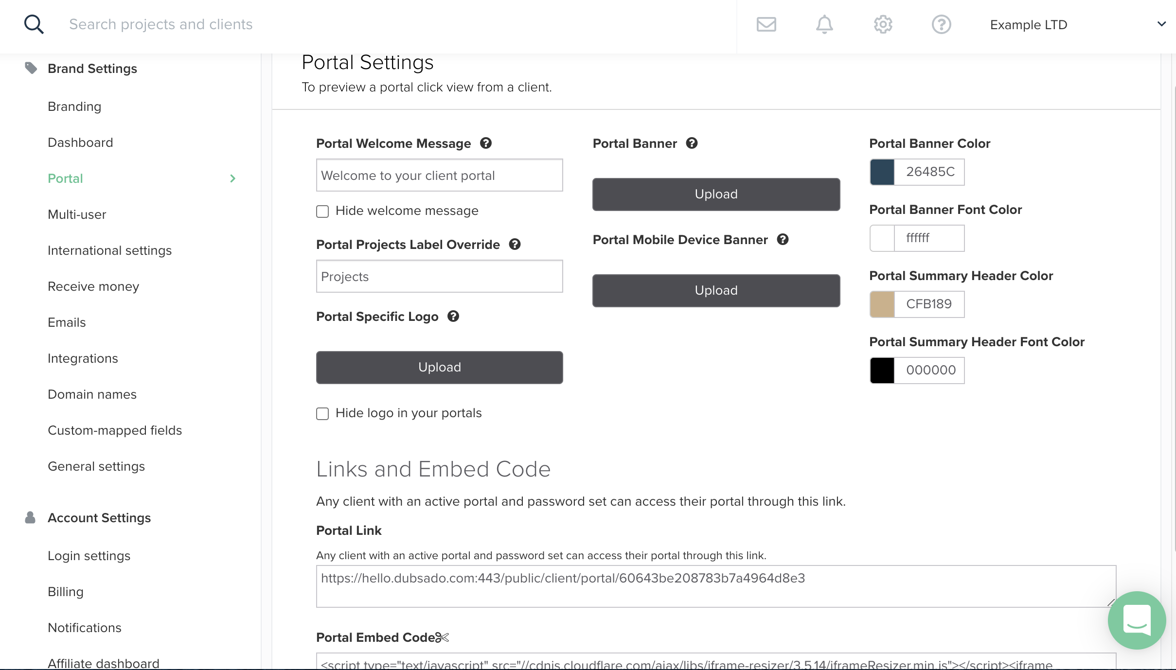 Screenshot Dubsado Client Portal Settings by Flourish Online Management