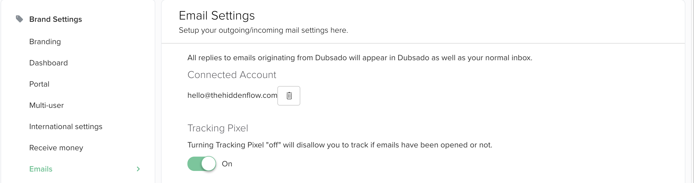 Screenshot Dubsado Email Settings Connected by Flourish Online Management.