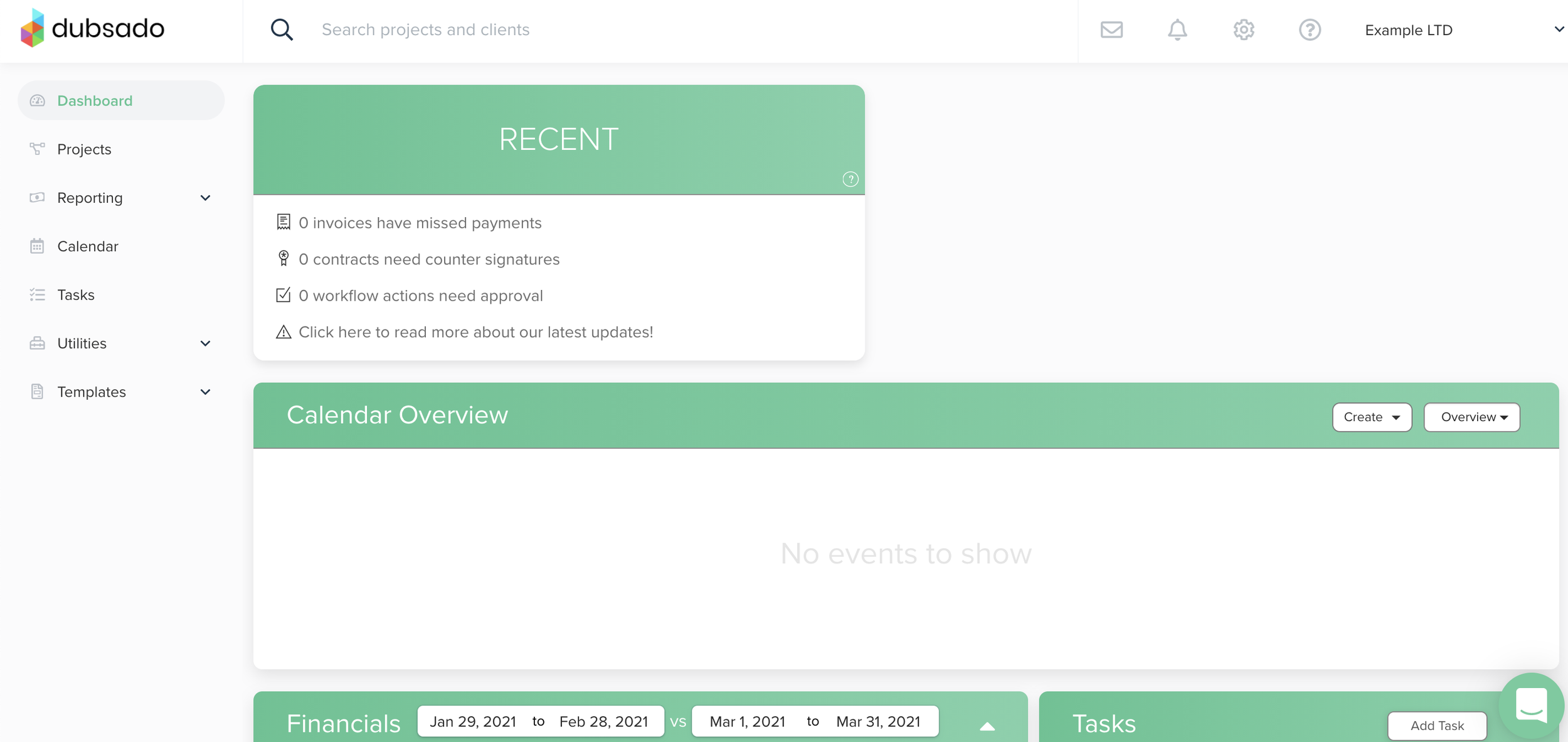 Screenshot dashboard dubsado with financial indicator off by Flourish Online Management