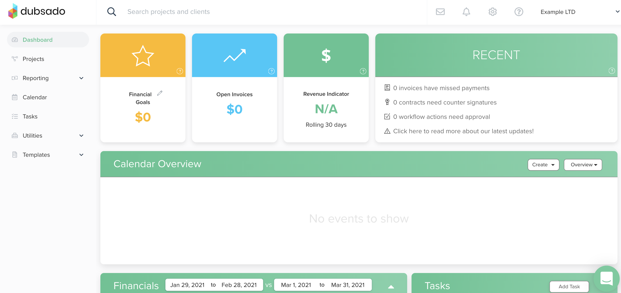 Screenshot dashboard dubsado with financial indicator on by Flourish Online Management