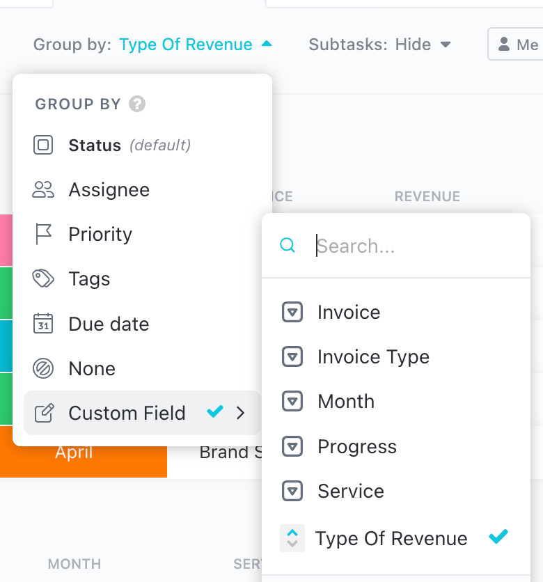 Screenshot of ClickUp about how to create a custom field for type of revenue by Flourish Online Management