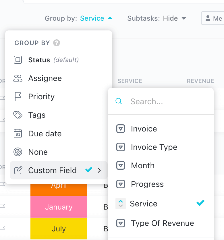 Screenshot of ClickUp about how to create a custom field for your services by Flourish Online Management