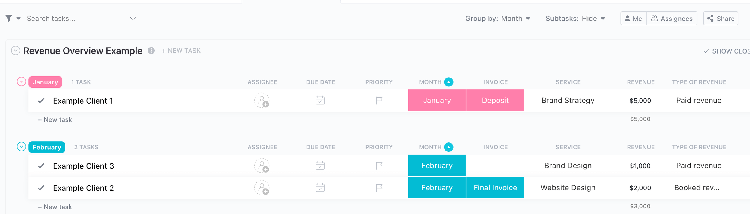 Screenshot of ClickUp about how to create a revenue overview for your design studio by Flourish Online Management