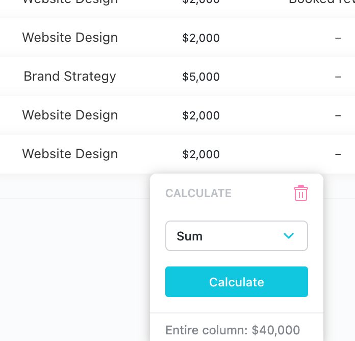 Screenshot of ClickUp about how to create a sum to add up all your revenue by Flourish Online Management