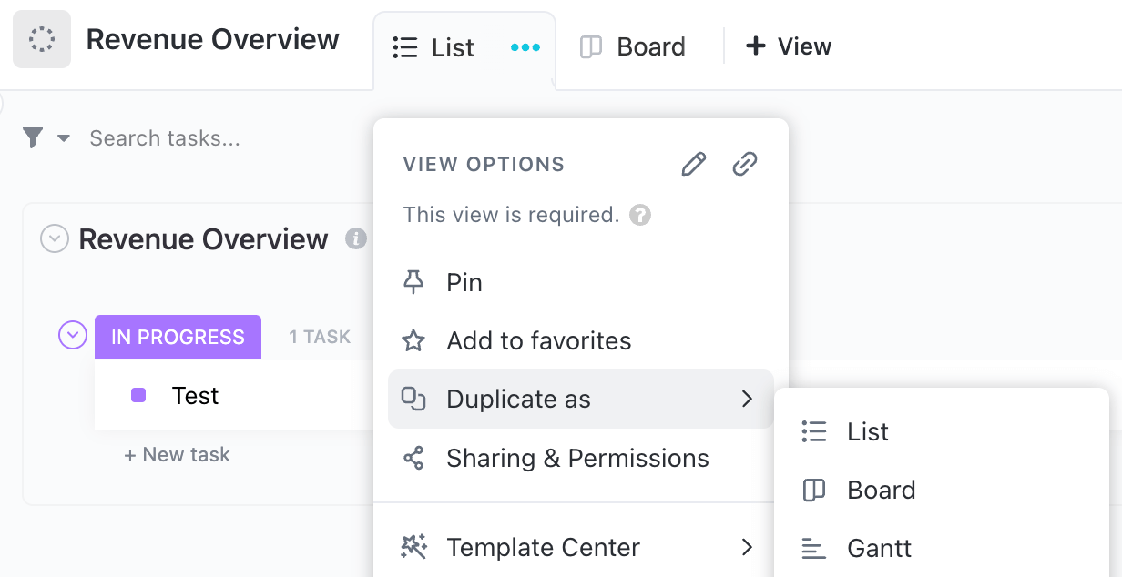 Screenshot of ClickUp about how to duplicate a list by Flourish Online Management