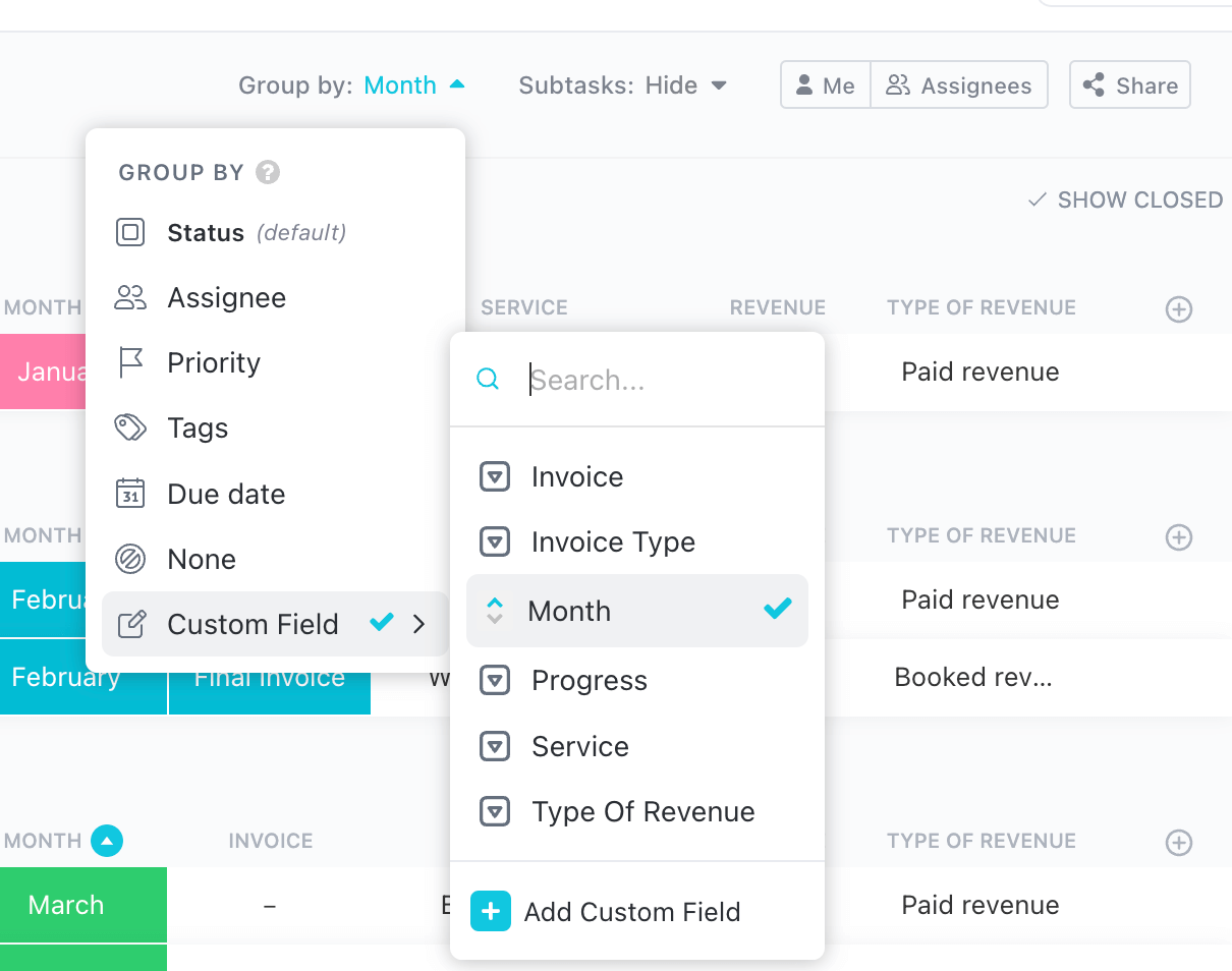 Screenshot of ClickUp about how to filter a view by a custom field by Flourish Online Management