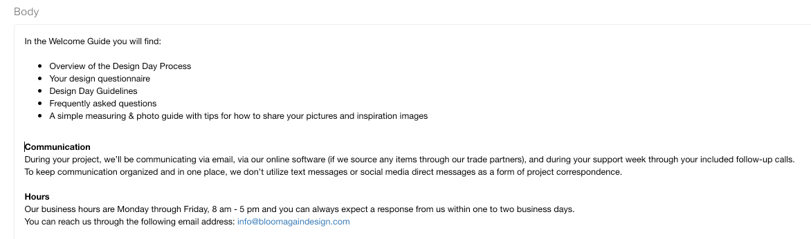 Screenshot of welcome email that includes office hours and ways to communicate created for Dubsado setup for Bloom Again Design by Flourish Online Management