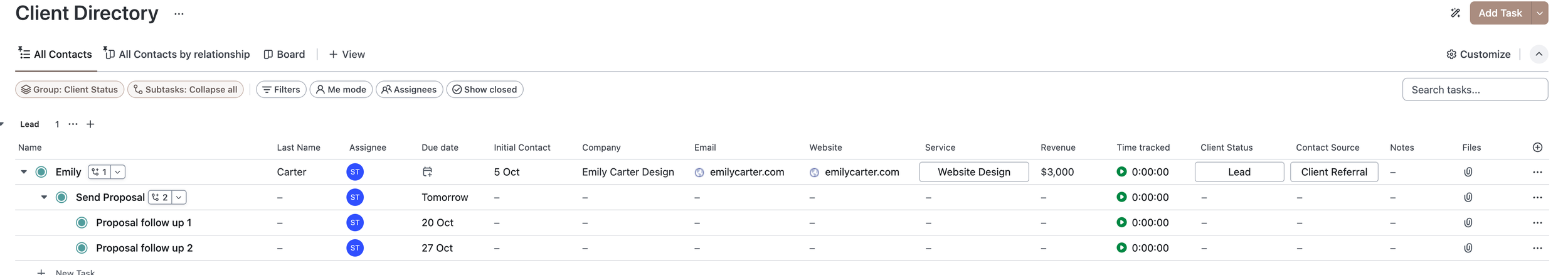 Client Overview in ClickUp - Dubsado vs ClickUp for Designers by Flourish Online Management - Business Coach for Designers