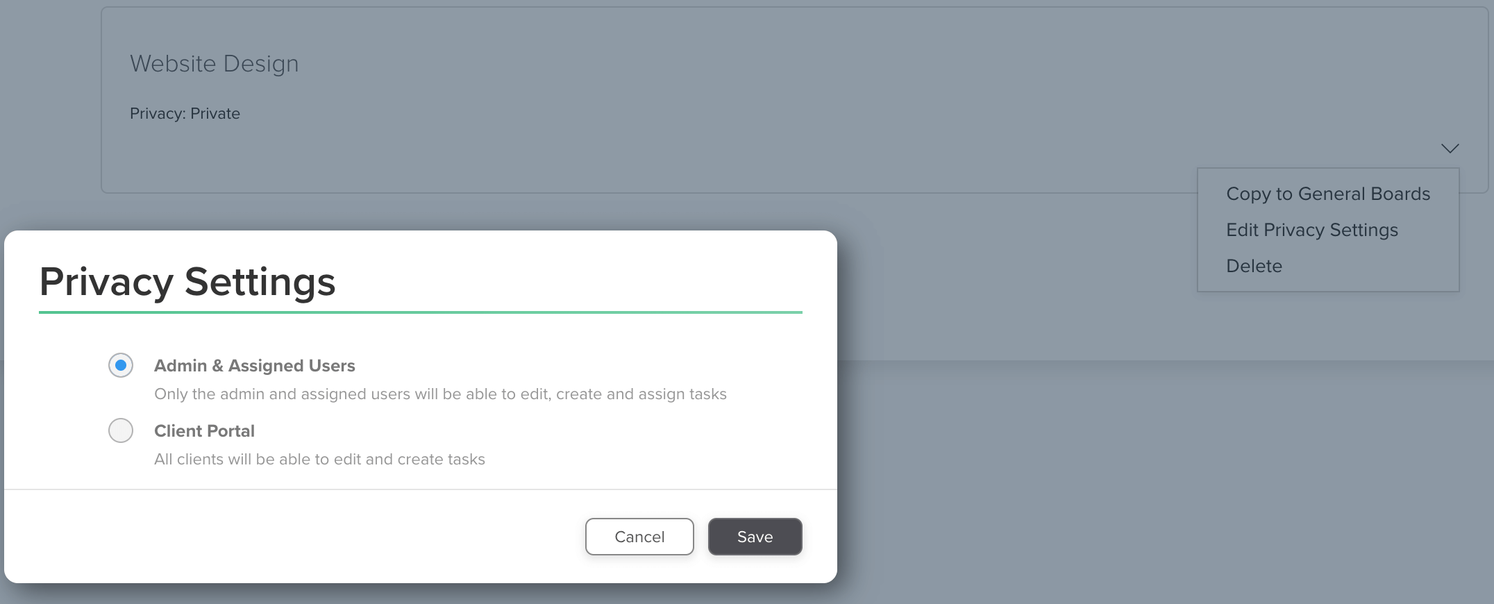 Privacy settings of a task as part of Task Management (of an individual project) with Dubsado's Task Boards - Dubsado vs ClickUp for Designers by Flourish Online Management - Business Coach for Designers