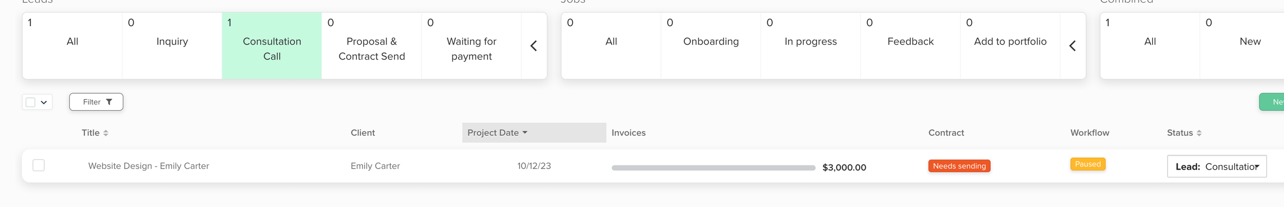 Project Overview in Dubsado with personalised lead statusses - Dubsado vs ClickUp for Designers by Flourish Online Management - Business Coach for Designer