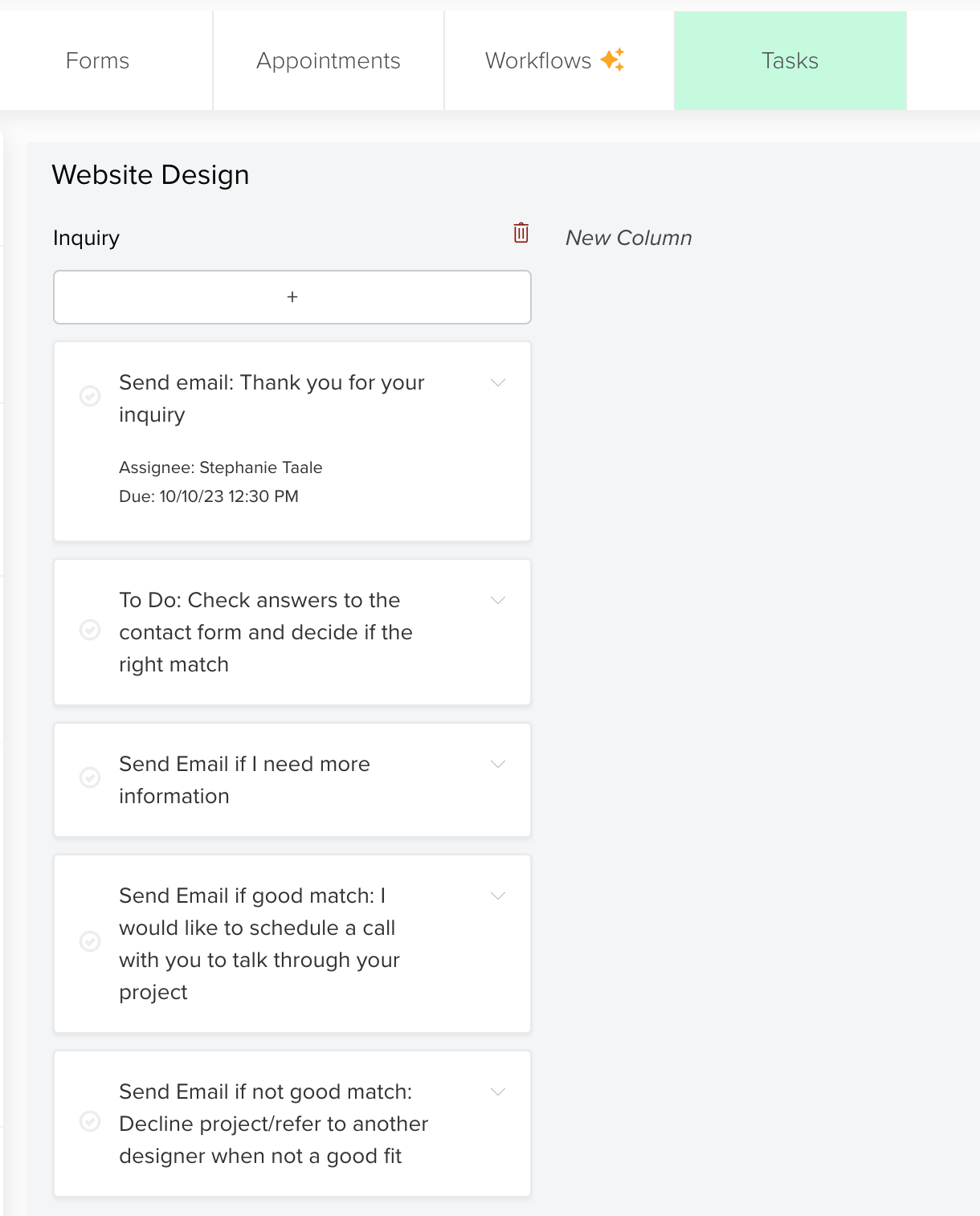 Task overview in client project Dubsado - Using Task Management (of an individual project) with Dubsado's Task Boards - Dubsado vs ClickUp for Designers by Flourish Online Management - Business Coach for Designers